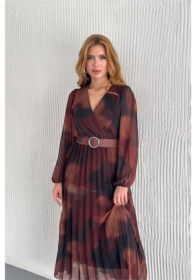 Neşeli Butik Kadın Astarlı Midi Boy Şifon Elbise Nbk20301 Kiremit