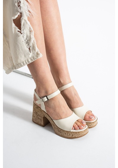 Dabab Shoes Loreva Kadın Krem Platform Taban 9 Cm Kalın Topuklu Bilekten Bantlı Sandalet