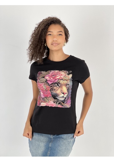Kadın Leopar Ve Gül Desenli Siyah T-shirt Siyah