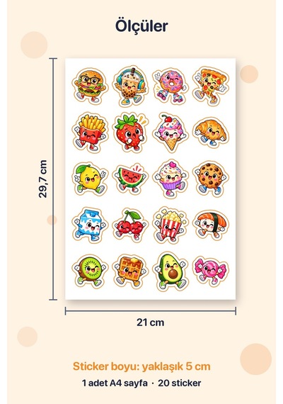 Lezzetli Kafalar 20 Adet Mini Yiyecek Sticker Çıkartma A4 Defter Etiketi Çok Renkli