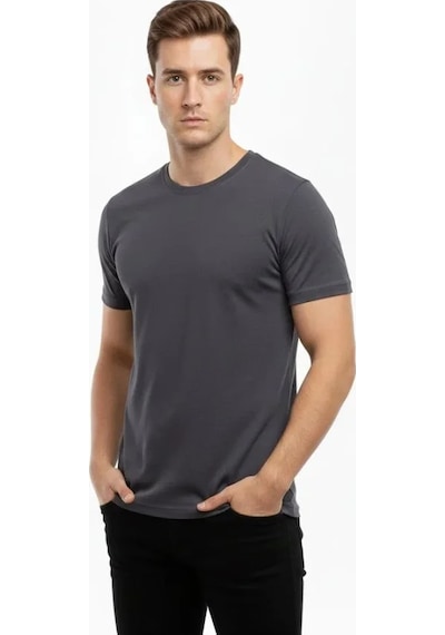 Veraura Lifestyle Erkek T-shirt Bisiklet Yaka Slim Fit Dar Kesim Likralı Tişört Günlük Basic Body - Füme