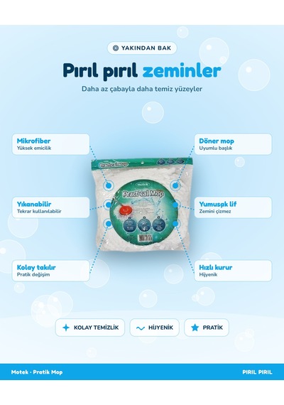 Motek Pratik Mop Mikrofiber Yedek Başlık Döner Mop Uyumlu