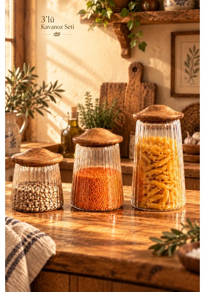 Porsima Mushroom Bambu Vakumlu Kapaklı Yuvarlak Borosilikat Cam 3lü Kavanoz Seti Saklama Kabı Cam - Şeffaf