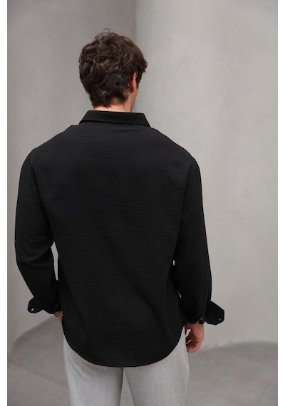 Bürke Yazlık Keten Dokulu Uzun Kollu Siyah Yarım Oversize Erkek Gömlek