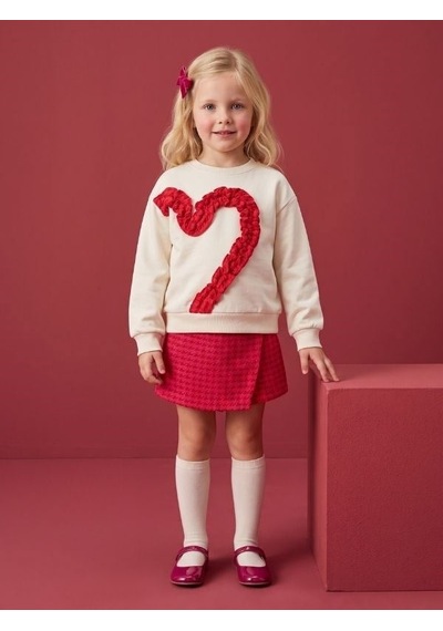 Zekids Kız Çocuk Ekru Kırmızı Kalp Aplikeli Sweatshirt-17450 KREM