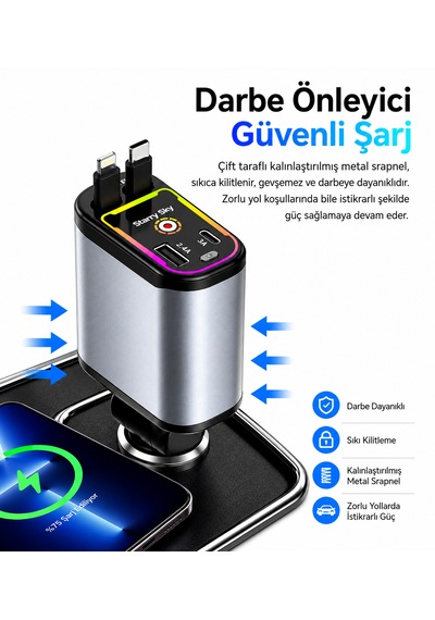 3'ü 1 Arada Hızlı Araç Şarj Cihazı Usb + Type-c + İos Entegre Kablolu Pd Hızlı Şarj 180 Dönebilen Başlık Led Aydınlatmalı
