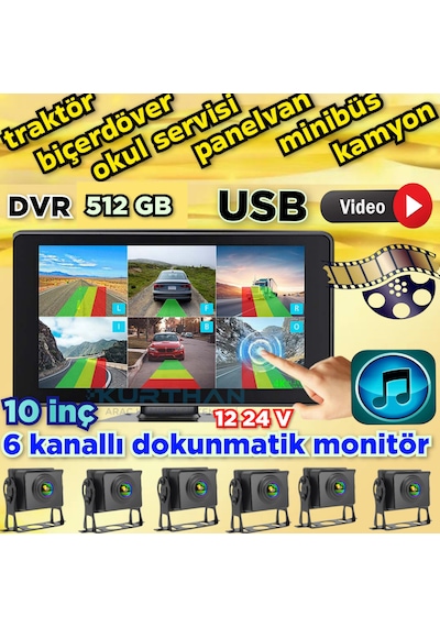 6 Ch 10 İnç Dokunmatik 1080p 6 Kameralı 4k Ultra Hd 512 Gb Dvr-usb-bsd Monitör Seti 12 - 24 Volt