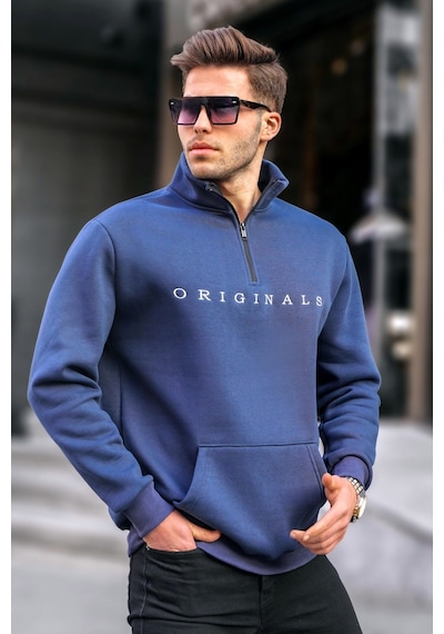 Madmext Lacivert Fermuar Yaka Nakışlı Sweatshirt 6028 Lacivert