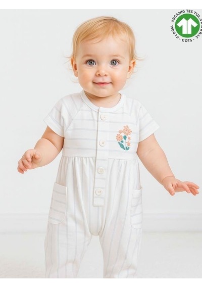 Zekids Kız Bebek Organik Pamuklu Çizgili Kısa Kol Paçası Lastikli Tulum-15917 Beyaz