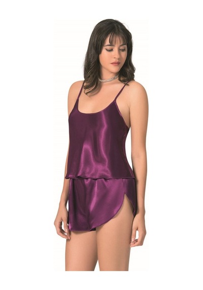 İkikareshop Mor Saten Babydoll Şort Takımı Zarif Kadın Gece Giyim Çok Renkli