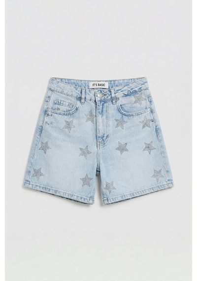 Itsbasic Kadın Kot Rengi T-4s6-3 Mom Fit Midi Boy Parlak Yıldız Taşlı Özel Tasarım Denim Şort Kot Renk