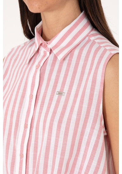 U.S. Polo Assn. Kadın Pembe Çizgili Kısa Kollu Gömlek 50306475-VR041
