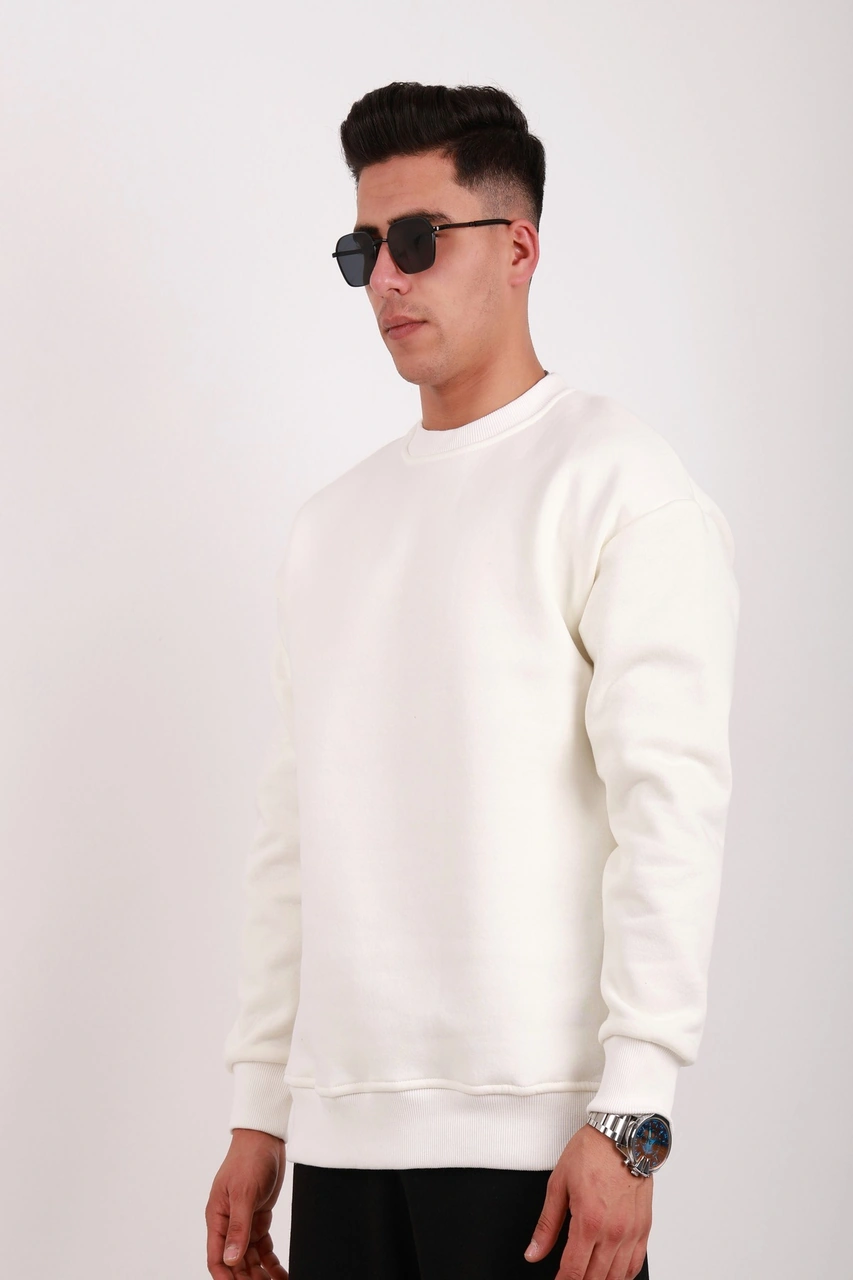 Erkek Standart Fit Bol Kesim %100 Pamuklu Içi Şardonlu 3 Iplik Bisiklet Yaka Sweatshirt Ekru