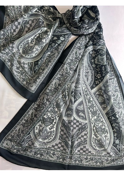 Kadın Pamuklu Siyah Gri Retro Etnik Şal