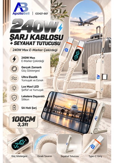 Apollobell Cch27-007 240w Şarj Kablosu + Seyahat Tutucusu