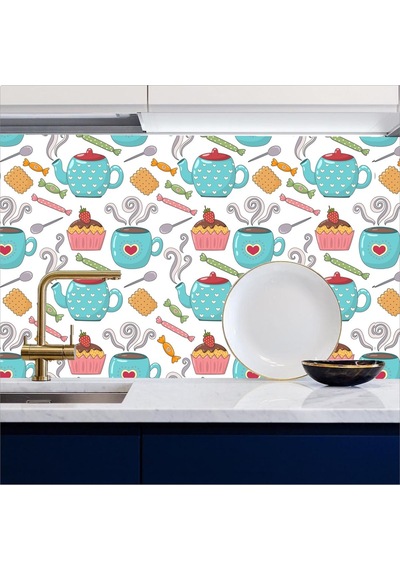 İbm9670 Mutfak Tezgah Arası Kendinden Yapışkanlı Folyo Kaplama Çay Cupcake Desen 60cmx100cm