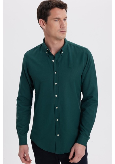 Tudors Erkek Slim Fit Dar Kesim Düz Oxford Armalı Yaka Düğmeli Haki Spor Gömlek-42008 Haki