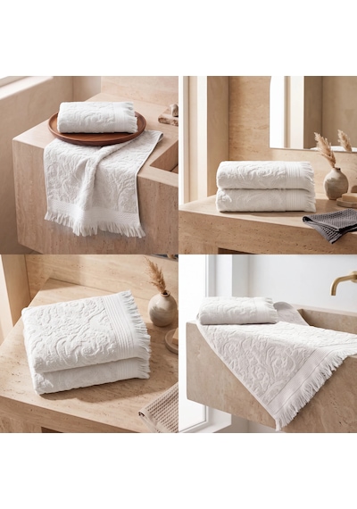 Botti Home %100 Pamuk Jakarlı 2 Li El Ve Yüz Havlusu Seti 50 X 90 Cm Çeyizlik Saçaklı Havlu Kırık Beyaz