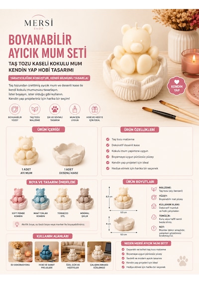 Boyanabilir Ayıcık Mum Seti Taş Tozu Kaseli Kokulu Mum Kendin Yap Hobi Tasarımı Beyaz