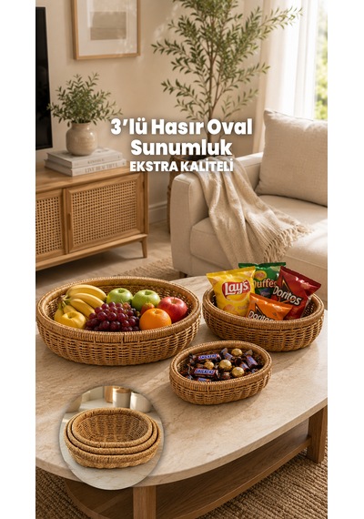 3'lü Oval Hasır Sunumluk Sepet Badya Leğen Tabak Kase - Masaüstü Organizer Rattan Sunum Meyvelik - Ekstra Kaliteli Çelik Rattan