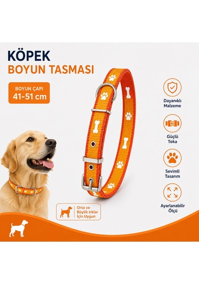 Pati Ve Kemik Desenli Köpek Boyun Tasması 41-51 Cm Ayarlanabilir Metal Tokalı D Halkalı - Turuncu Çok Renkli