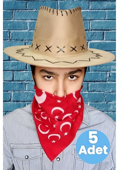 Uniquetrenders Çocuk Unisex Bandanalı 5'li Nubuk Kovboy Şapkası 8-14 Yaş Koyu Bej 4
