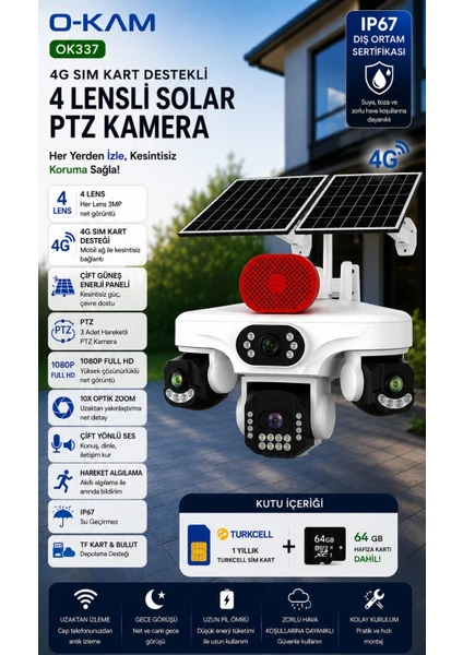 O-kam Ok-337 Premıum 4g 4 Lens Aov Solar Çi Ft Panel Kamera + 1 Yıl Internet + 64gb Hafıza Kartı