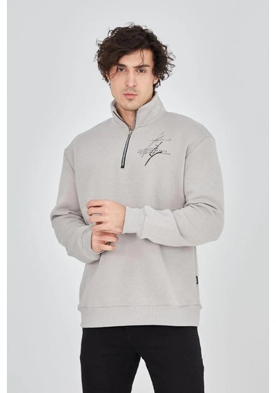Erkek Yarım Fermuarlı Baskılı 3 İplik Pamuklu Sweatshirt - Boyalı Gri Gri