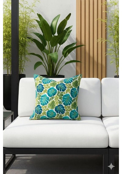 Tropik Monstera Desenli 45x45 Petek Kumaş Kırlent Kılıfı Çok Renkli