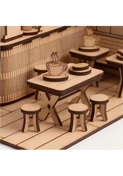 Algwooddesign Coffee Shop Ahşap Maket, 214 Parça Dıy Minyatür Kafe Modeli, Led Işıklı Mdf 3d Puzzle, Hobi Ve Dekorasyon Seti, 19x19x19 Cm