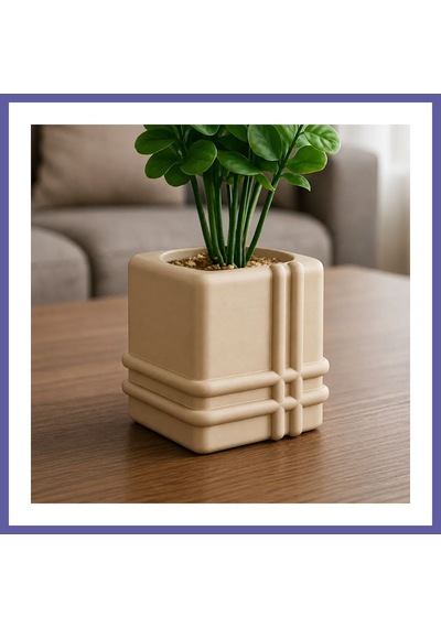 Bezos 3d Baskı Square Planter - Izgara Desenli Küp Saksı-bej Nıda