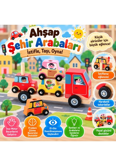 Ahşap Şehir Arabaları Kırmızı