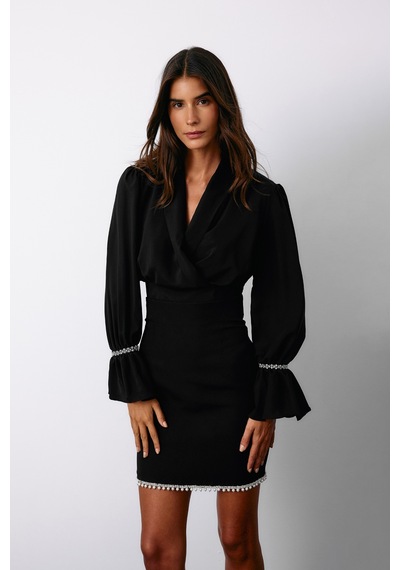 Sateen Aksesuar Detaylı Bluz - Siyah-135126 Siyah