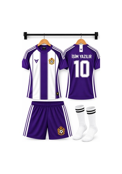 Sonvadi İsim Yazılır Çocuk Futbol Forması Takımı Mor Beyaz 3 Parça Çorap Mor