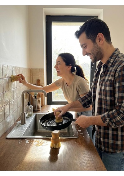2'li Küçük Bulaşık Fırçası, Ergonomik Bambu Tutma Kısmı, Sisal Lifi Fırça, Güçlü Sürdürülebilir Krem