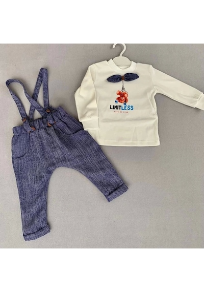 Alfa Expres 9-12-18 Ay Papyonlu Sweat Kot Pantolon 2li Erkek Bebek Salopet Takımı Lacivert Lacivert