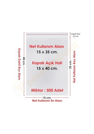 15x35+5 Cm. 15x40 500 Adet Şeffaf Bantlı Yapışkanlı Opp Poşet