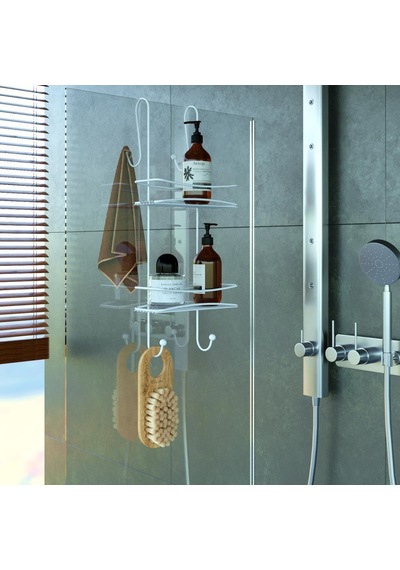 Teknotel Asmalı 3Kat Banyo Duşakabin Duş Rafı Mat Beyaz Bk065 Krom