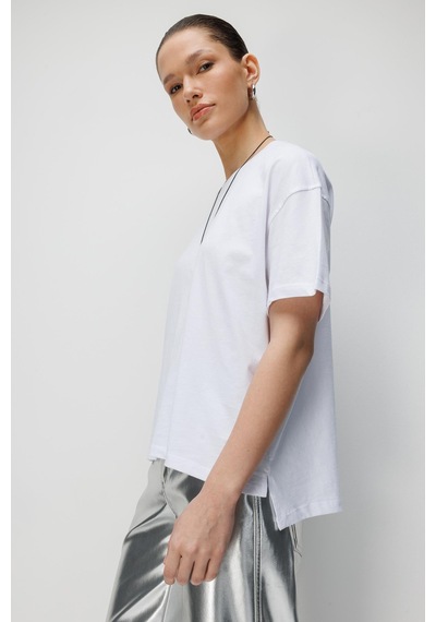 Mixray 48522 Kadın Yırtmaçlı Oversize Basic %100 Pamuk 2 Li T-shirt Beyaz Siyah Siyah - Beyaz