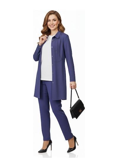 Nazal Kadın Taşlı Bluz Pantolon Tunik 3 Lü Takım Bgl-st04733 Mavi