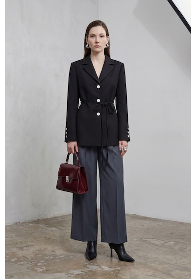 Hiccup My Fashıon Kemerli Krep Blazer Ceket Siyah