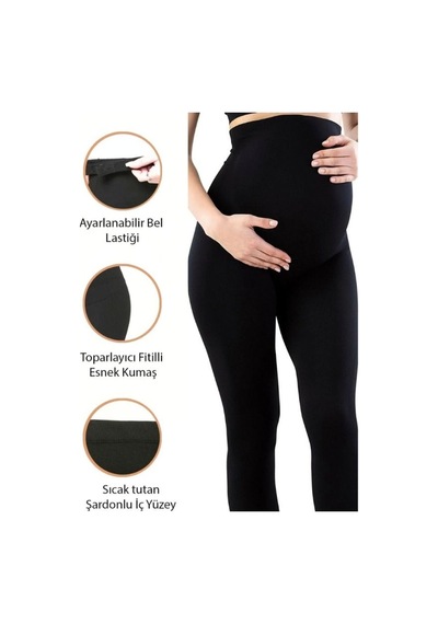 Kadın Siyah Düz Bel Ayarlı Fitilli Hamile Yüksek Bel Hamile Tayt Pantalon