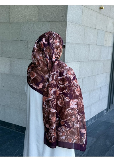 Qalortex Scarf Pamuklu Mimoza Desen Şal- Mürdüm