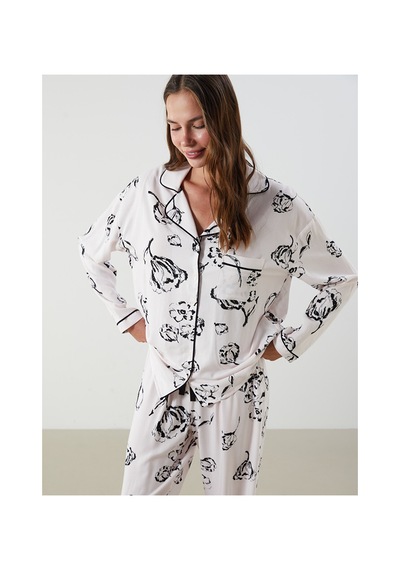 Lcw Dream Bej Gömlek Yaka Baskılı Kadın Pijama Takımı