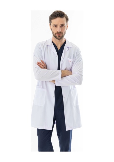 Spor Yaka Uzun Boy Erkek Doktor Önlüğü Alpaka Kumaş Beyaz Beo102 Beyaz