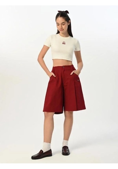 Zekids Kız Çocuk Fitilli Crop Kapri Şort T-shirt Tasarım Takım-15524 Bordo