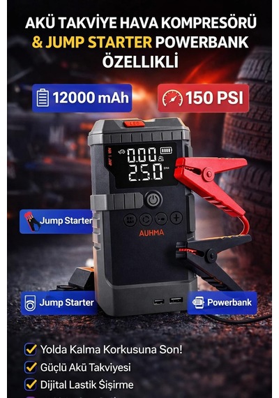 Tr Araç Akü Takviye Jump Starter + Hava Kompresörü 12000 Mah 150 Psi Dijital Ekran
