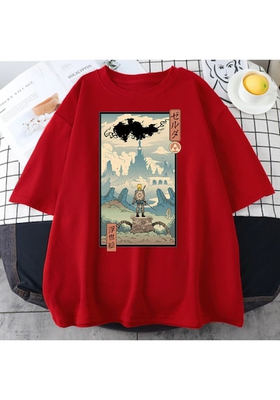 Flood Of Style Kırmızı Erkek Anime Savaççı Baskılı Oversize Bisiklet Yaka Tshirt