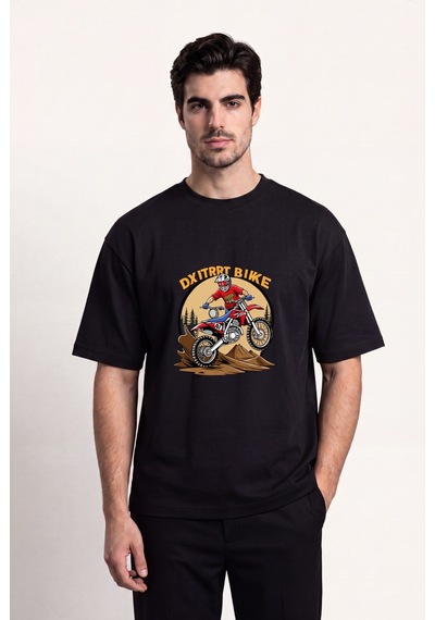 Black Nova Oversize Baskılı Unisex %100 Pamuk T-shirt Dx Biker Siyah