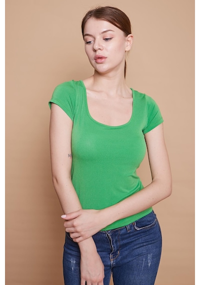 Jument Likralı Krep Kumaş Balen Yaka Büzgülü Body Bluz-b.yeşil B.yeşili